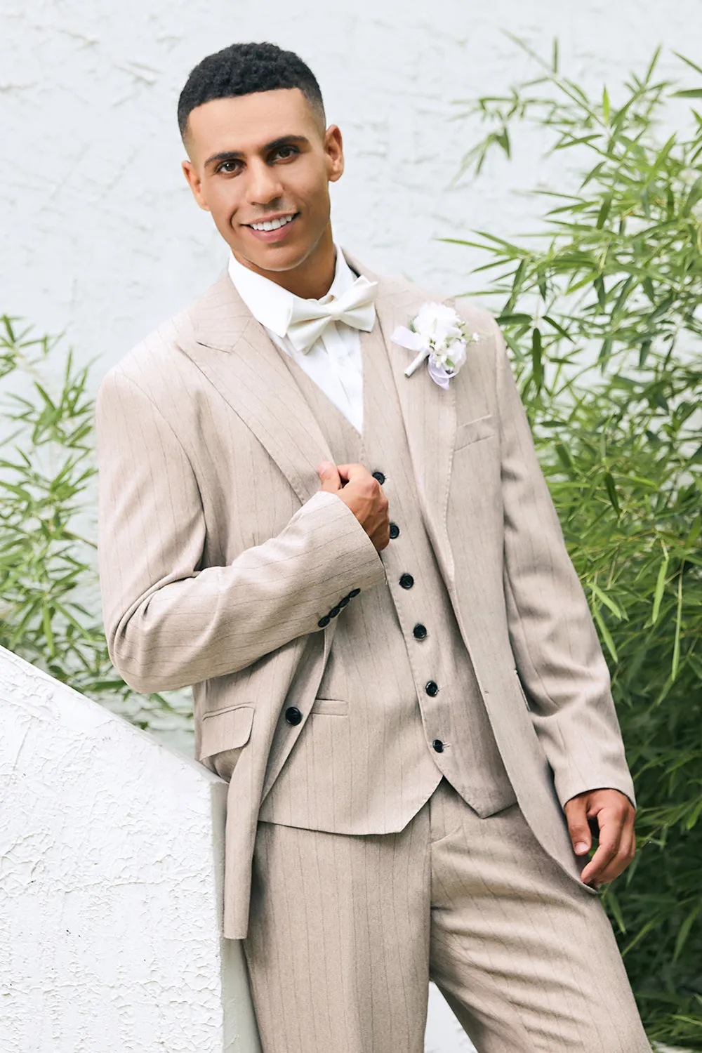 Men's Light Khaki Peak Lapel Pinstripe Single Breasted 3 Piece Wedding Suits sold by Wedtrend product image thumbnail 3