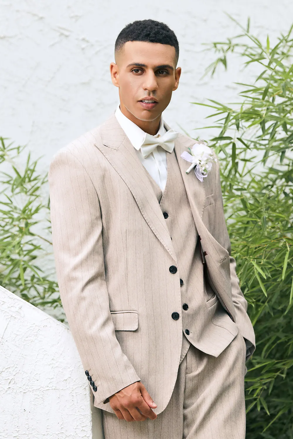 Men's Light Khaki Peak Lapel Pinstripe Single Breasted 3 Piece Wedding Suits sold by Wedtrend product image thumbnail 5