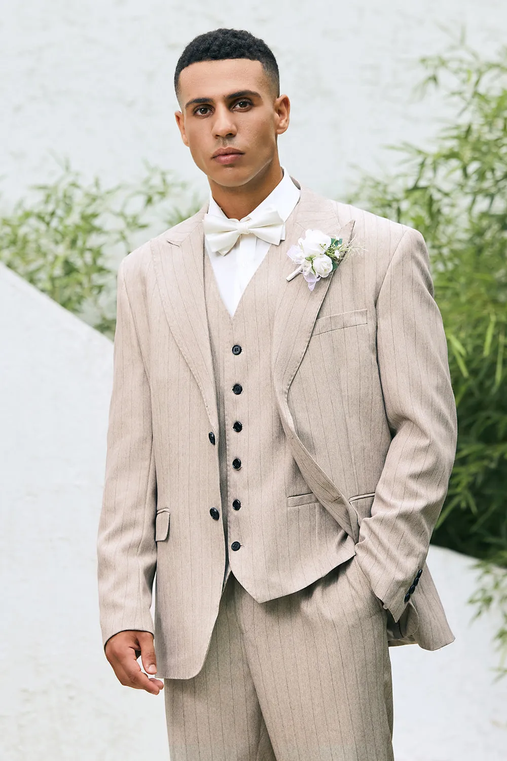 Men's Light Khaki Peak Lapel Pinstripe Single Breasted 3 Piece Wedding Suits sold by Wedtrend