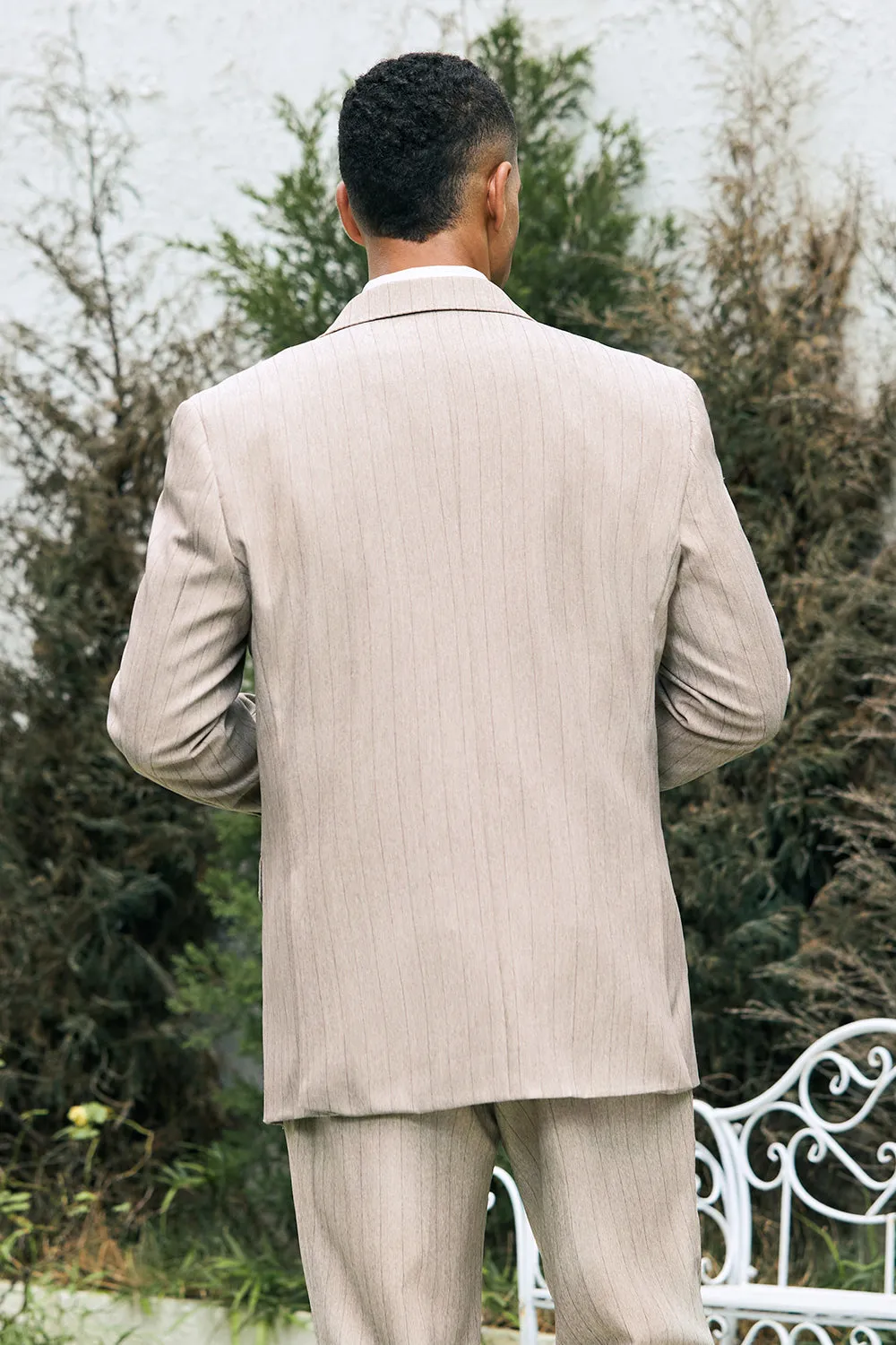 Men's Light Khaki Peak Lapel Pinstripe Single Breasted 3 Piece Wedding Suits sold by Wedtrend product image thumbnail 2