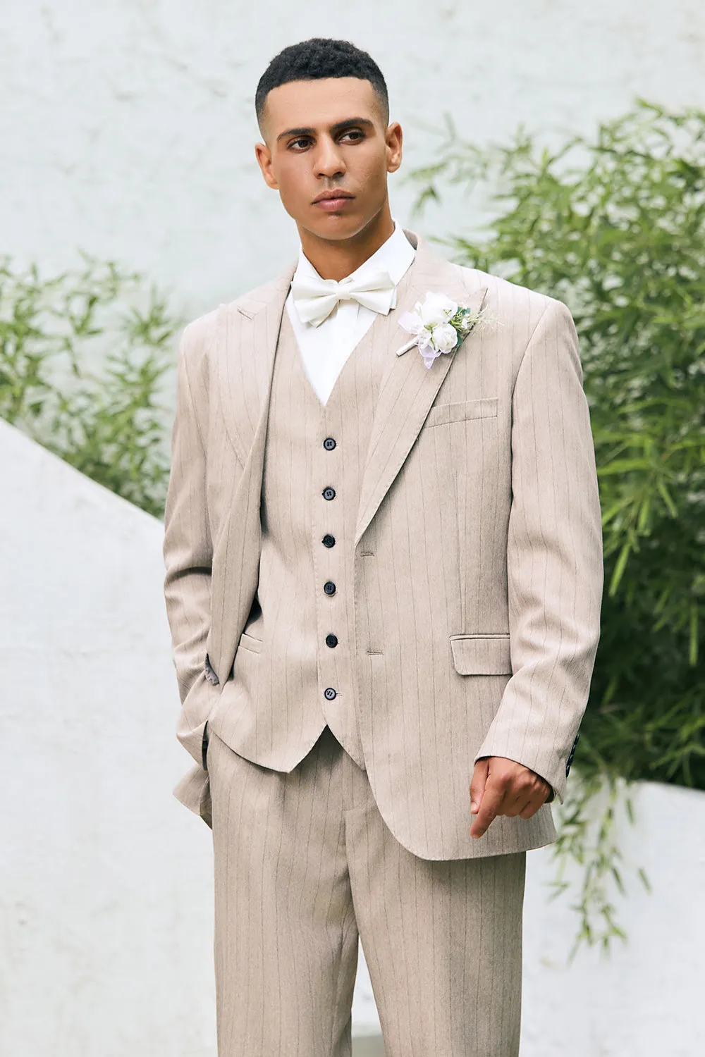 Men's Light Khaki Peak Lapel Pinstripe Single Breasted 3 Piece Wedding Suits sold by Wedtrend product image thumbnail 4