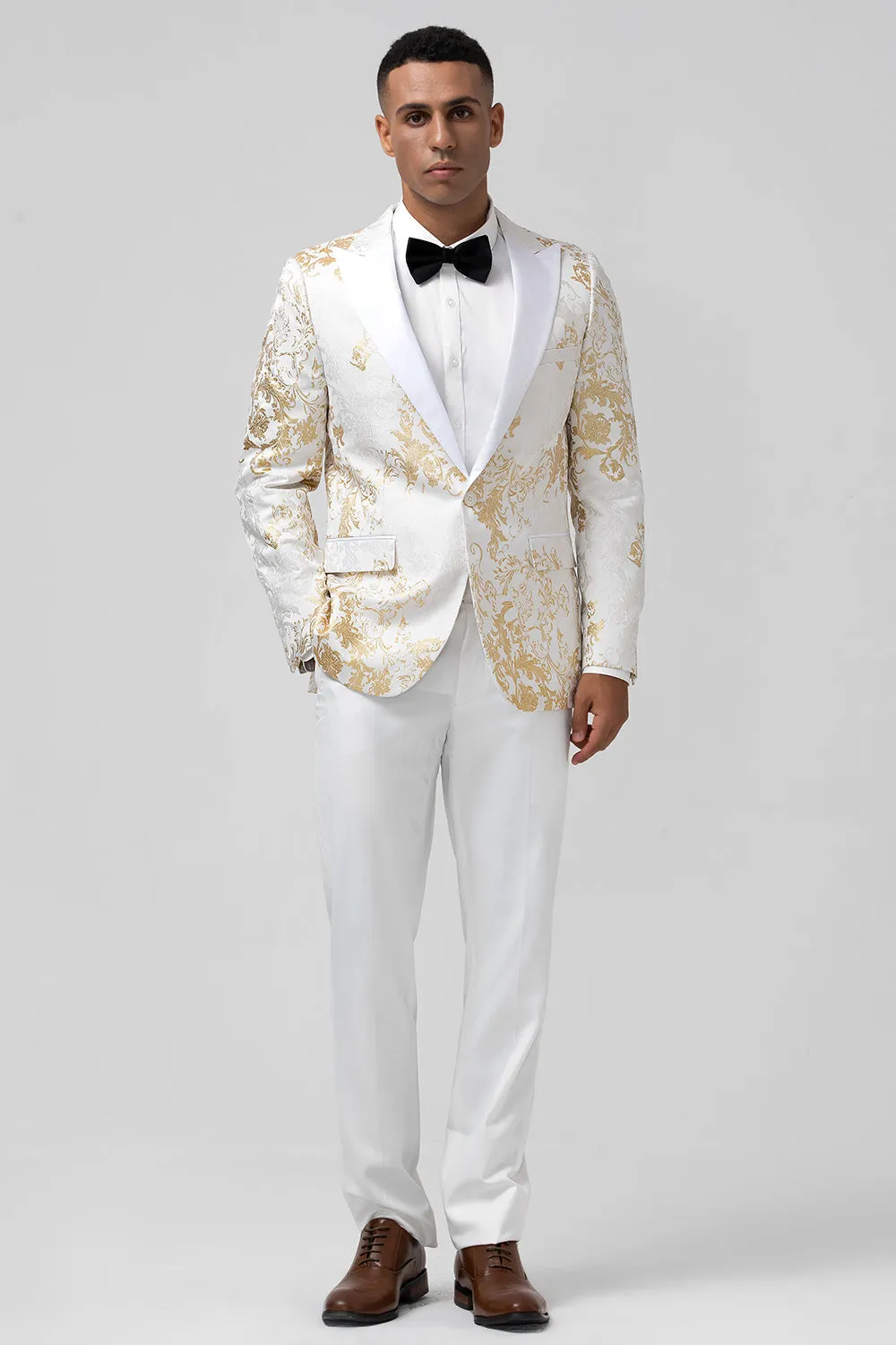 Men's Champagne Peak Lapel One Button Jacquard 2 Piece Prom Suits sold by Wedtrend