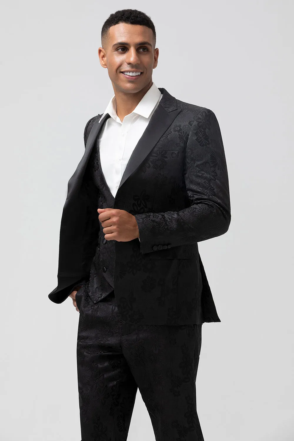 Men's Black Peak Lapel Jacquard One Button 3 Piece Prom Suits sold by Wedtrend product image thumbnail 4