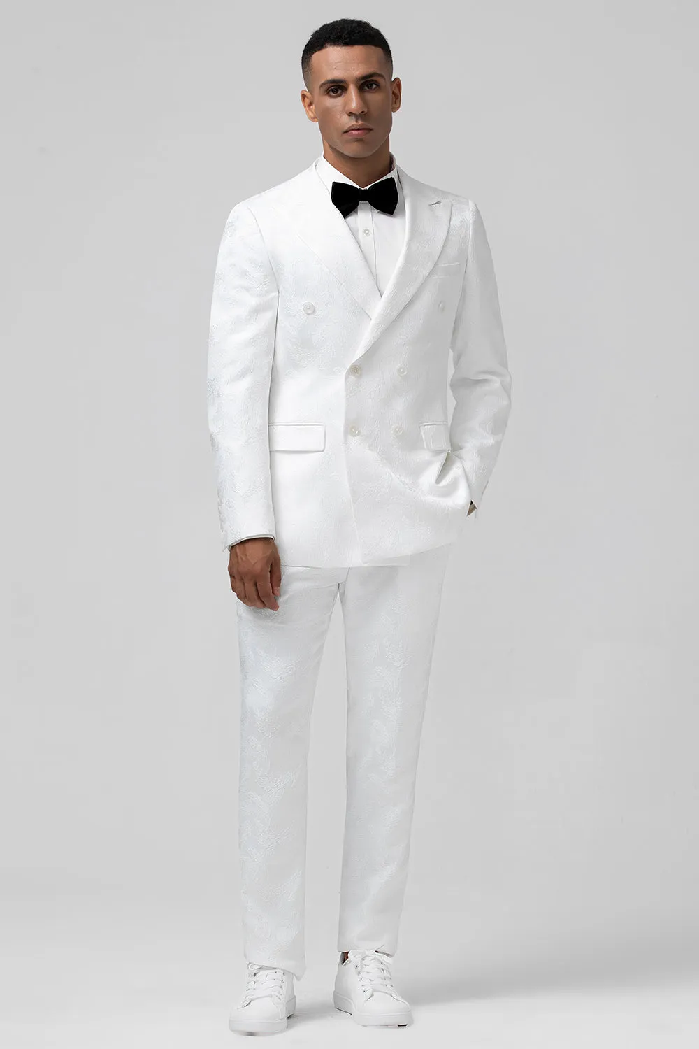Men's White Notched Lapel Jacquard Double Breasted 2 Piece Prom Suits sold by Wedtrend