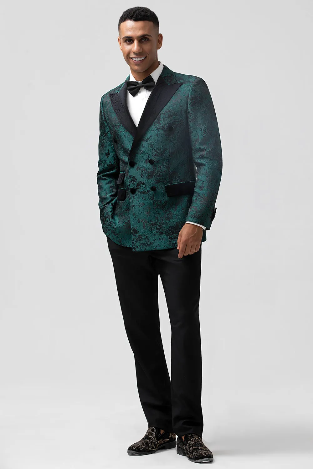 Men's Dark Green Peak Lapel 2 Piece Double Breasted Jacquard Prom Suits sold by Wedtrend product image thumbnail 3