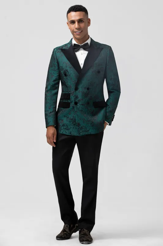Men's Dark Green Peak Lapel 2 Piece Double Breasted Jacquard Prom Suits sold by Wedtrend