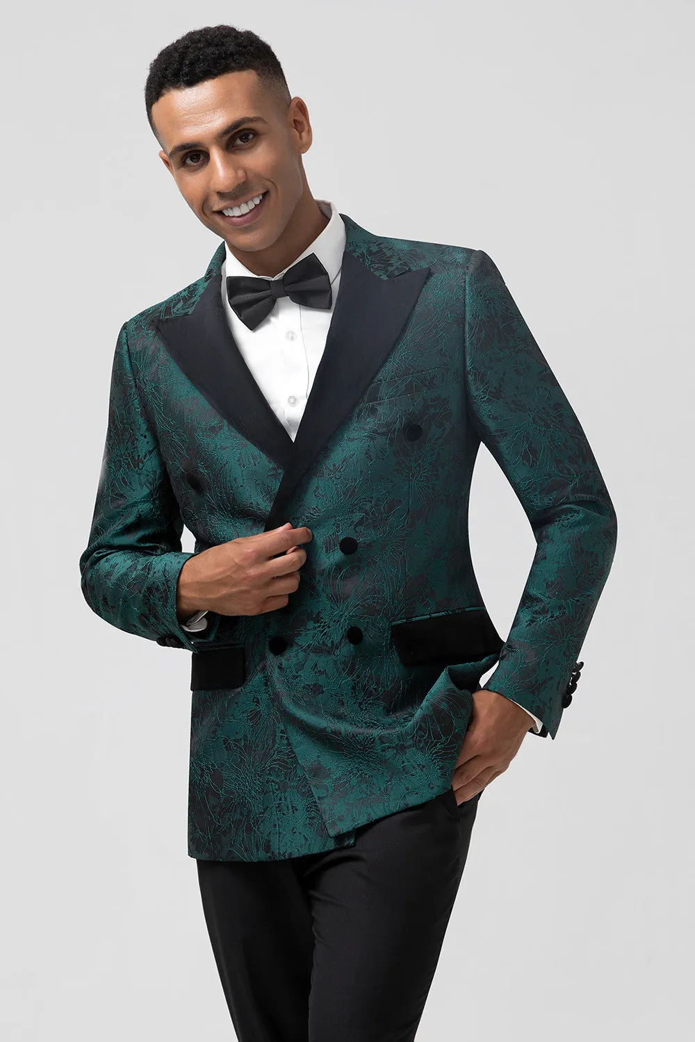 Men's Dark Green Peak Lapel 2 Piece Double Breasted Jacquard Prom Suits sold by Wedtrend product image thumbnail 5
