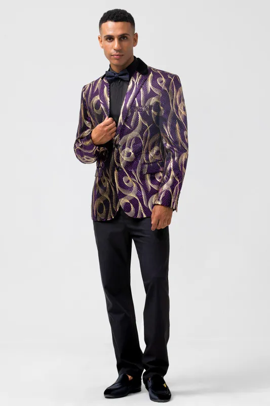 Men's Purple Notched Lapel Jacquard Single Breasted Prom Blazer sold by Wedtrend