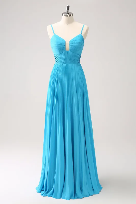 Peacock Blue A Line Spaghetti Straps Pleated Long Bridesmaid Dress sold by Wedtrend