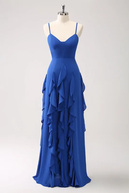 Dark Blue A Line Spaghetti Straps Long Bridesmaid Dress with Ruffles sold by Wedtrend