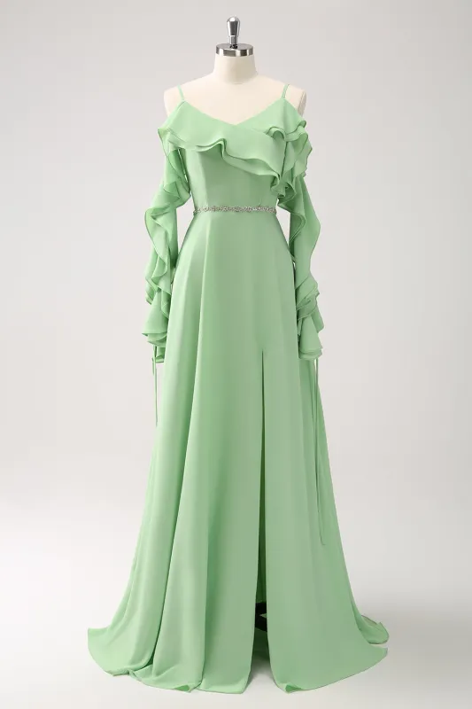 Light Green A Line Cold Shoulder Chiffon Long Bridesmaid Dress with Ruffles made by Wedtrend