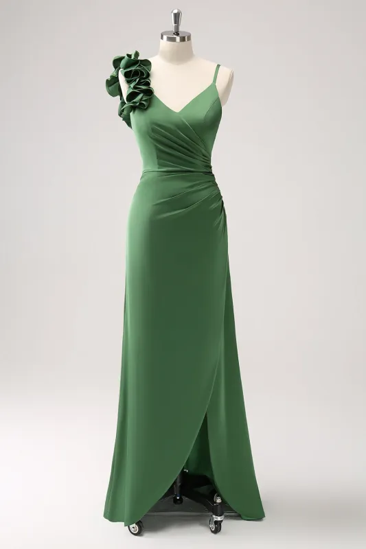 Olive Green Sheath Spaghetti Straps Pleated Satin Long Bridesmaid Dress with Slit made by Wedtrend