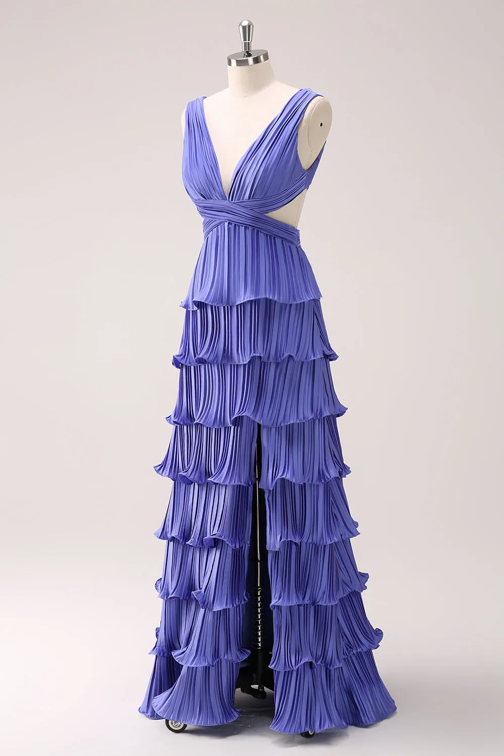 Purple A Line Deep V Neck Tiered Chiffon Long Bridesmaid Dress with Slit sold by Wedtrend product image thumbnail 5