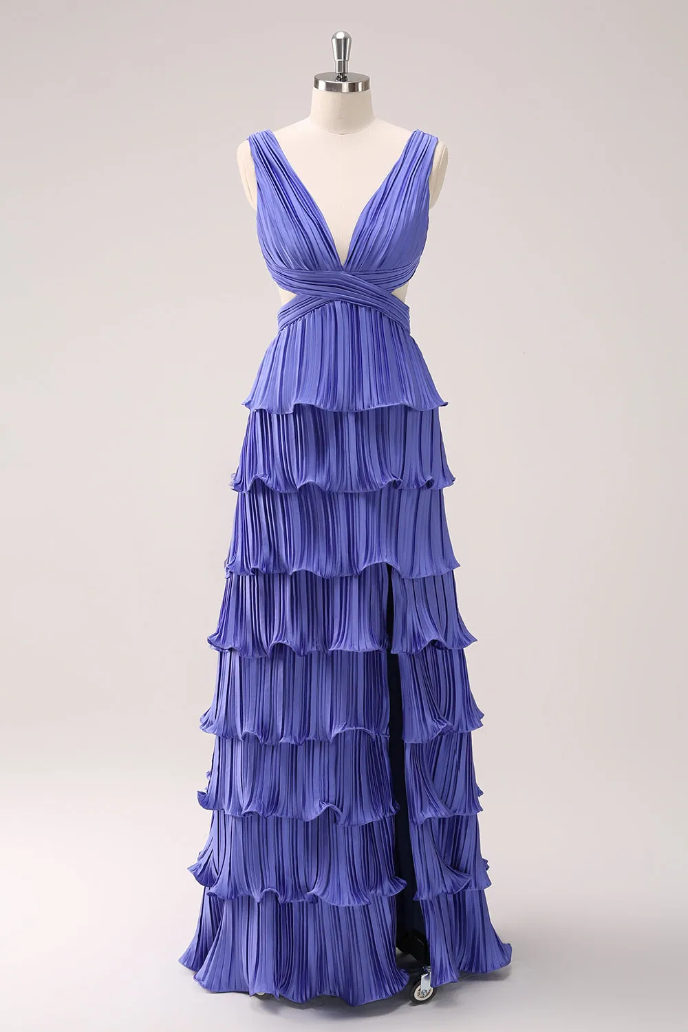 Purple A Line Deep V Neck Tiered Chiffon Long Bridesmaid Dress with Slit sold by Wedtrend