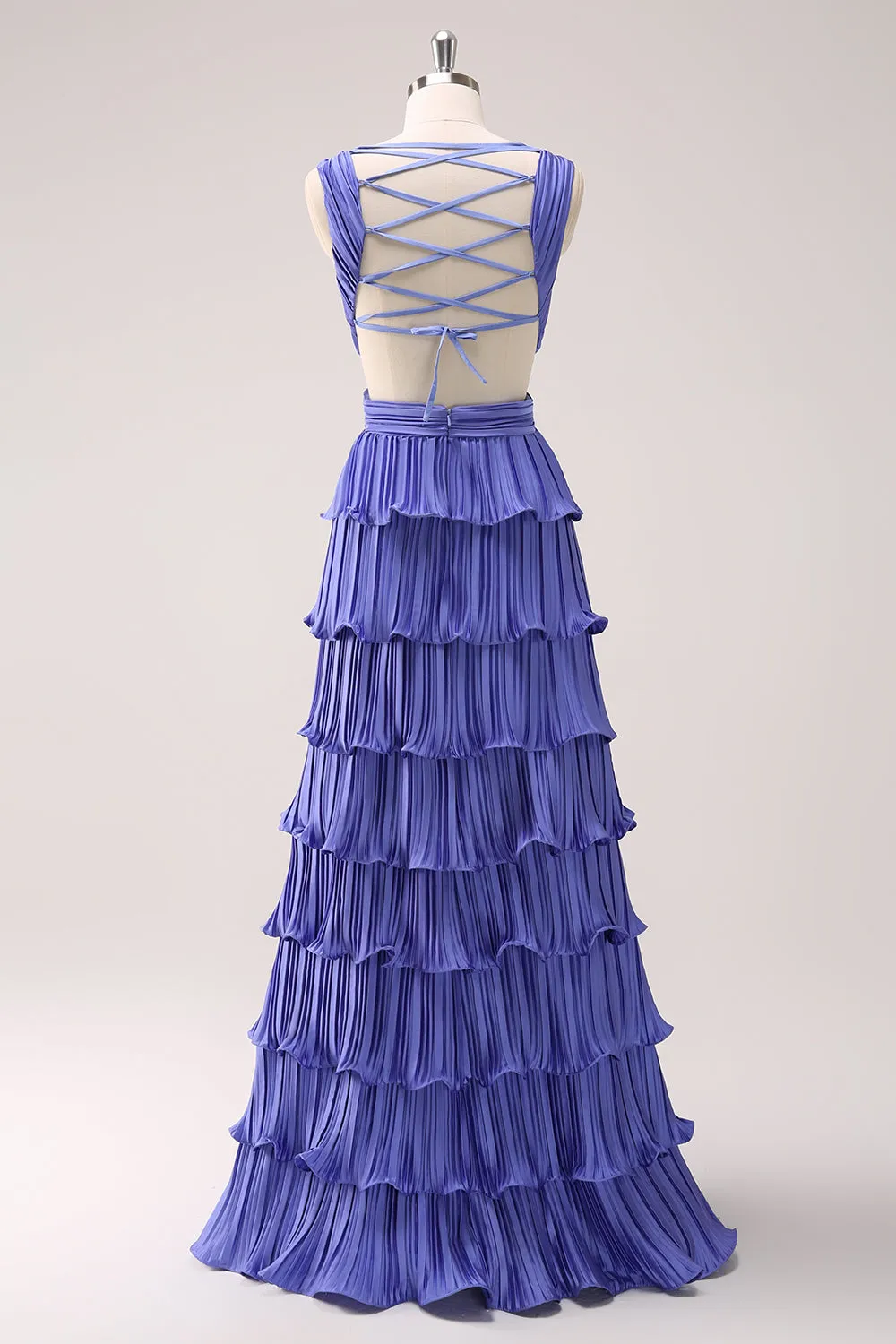 Purple A Line Deep V Neck Tiered Chiffon Long Bridesmaid Dress with Slit sold by Wedtrend product image thumbnail 4