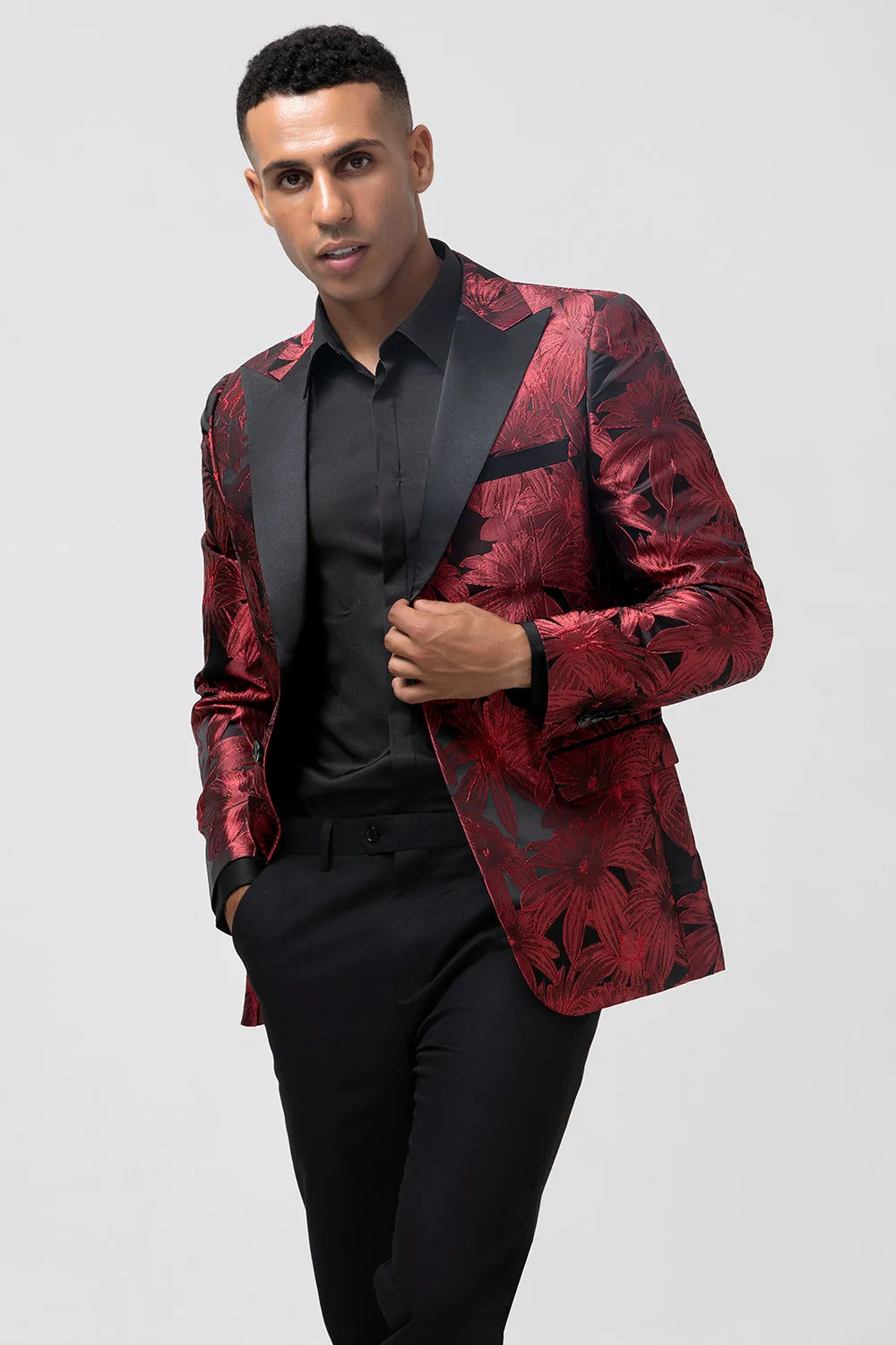 Men's Red Jacquard Peak Lapel Jacquard One Button 2 Piece Wedding Suits sold by Wedtrend product image thumbnail 5