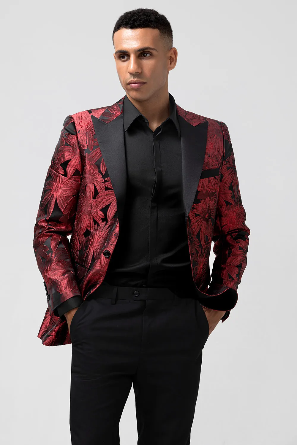 Men's Red Jacquard Peak Lapel Jacquard One Button 2 Piece Wedding Suits sold by Wedtrend product image thumbnail 4