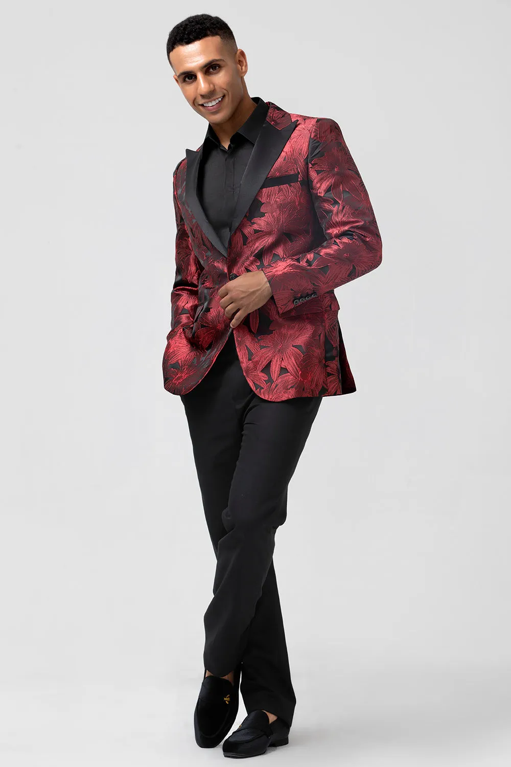 Men's Red Jacquard Peak Lapel Jacquard One Button 2 Piece Wedding Suits sold by Wedtrend product image thumbnail 3
