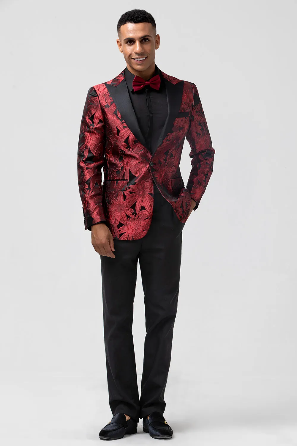 Men's Red Jacquard Peak Lapel Jacquard One Button 2 Piece Wedding Suits sold by Wedtrend