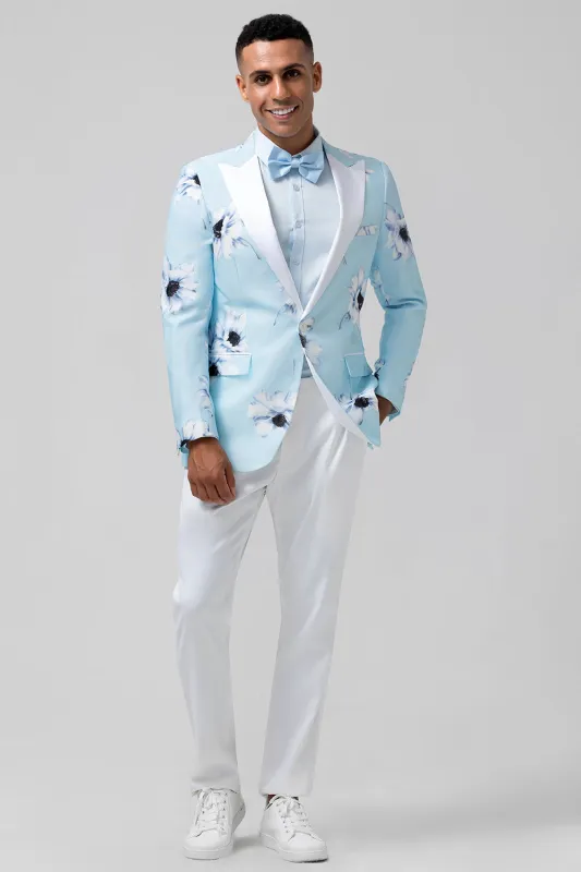 Men's Light Blue Floral Peak Lapel  One Button 2 Piece Wedding Suits sold by Wedtrend