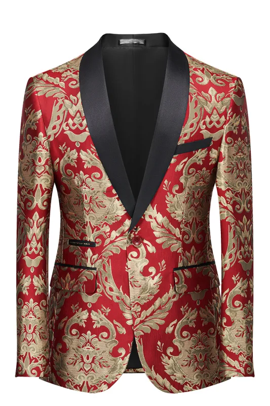 Men's Red Shawl Lapel One Button Jacquard Prom Blazer sold by Wedtrend