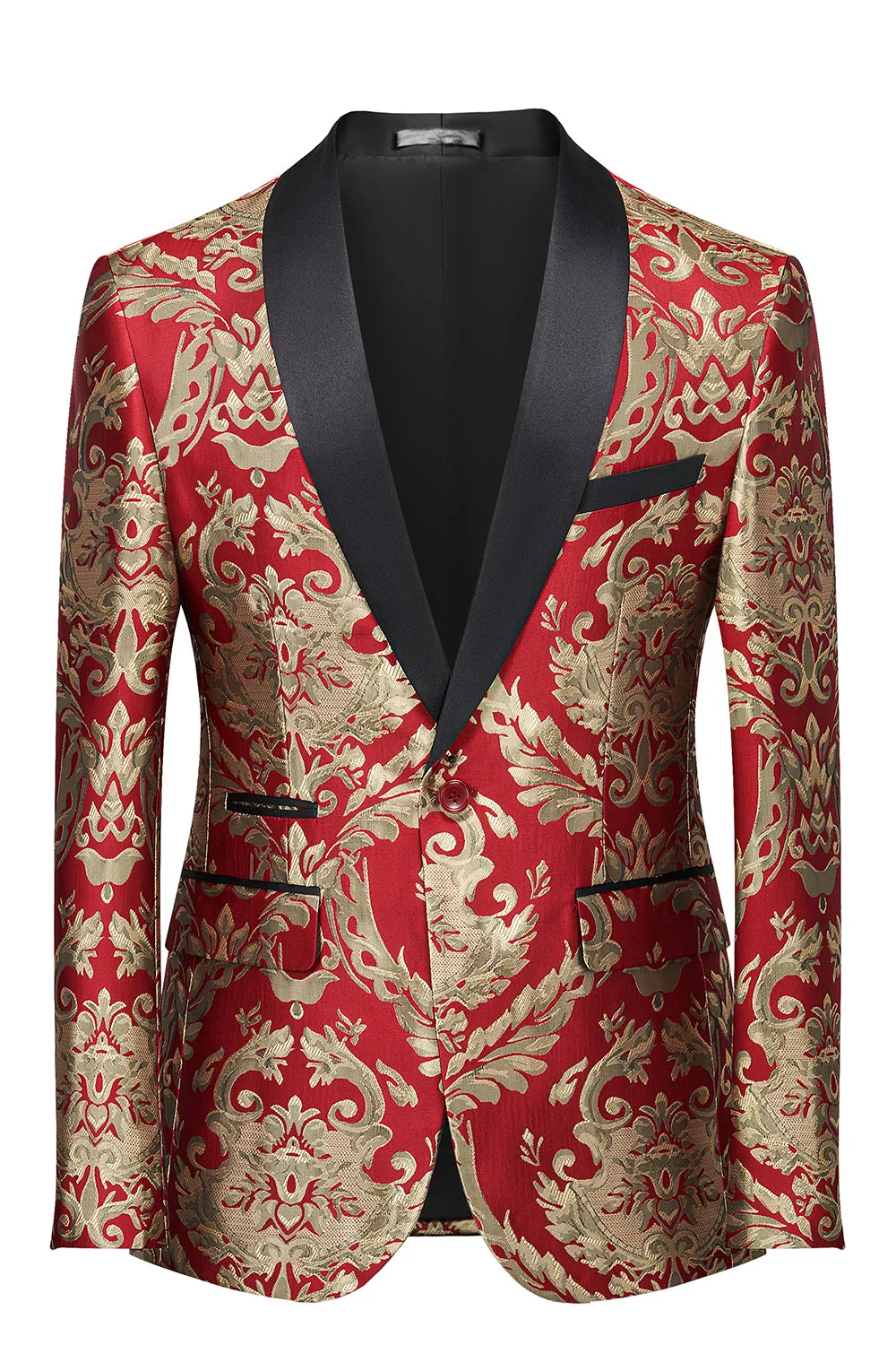 Men's Red Shawl Lapel One Button Jacquard Prom Blazer sold by Wedtrend