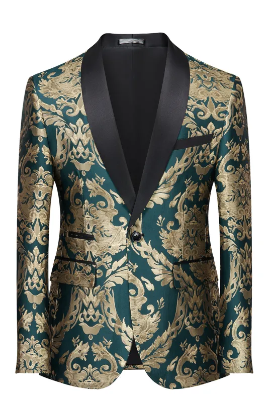 Men's Dark Green Shawl Lapel One Button Jacquard Prom Blazer sold by Wedtrend