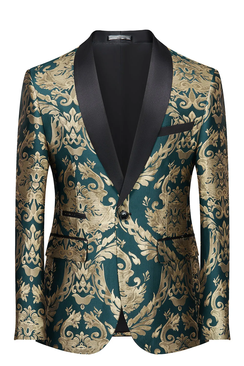 Men's Dark Green Shawl Lapel One Button Jacquard Prom Blazer sold by Wedtrend