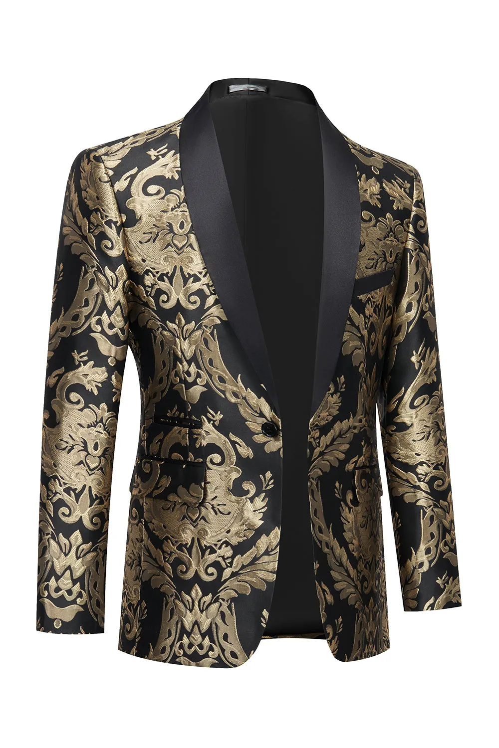 Men's Black Golden Shawl Lapel One Button Jacquard Prom Blazer sold by Wedtrend product image thumbnail 3