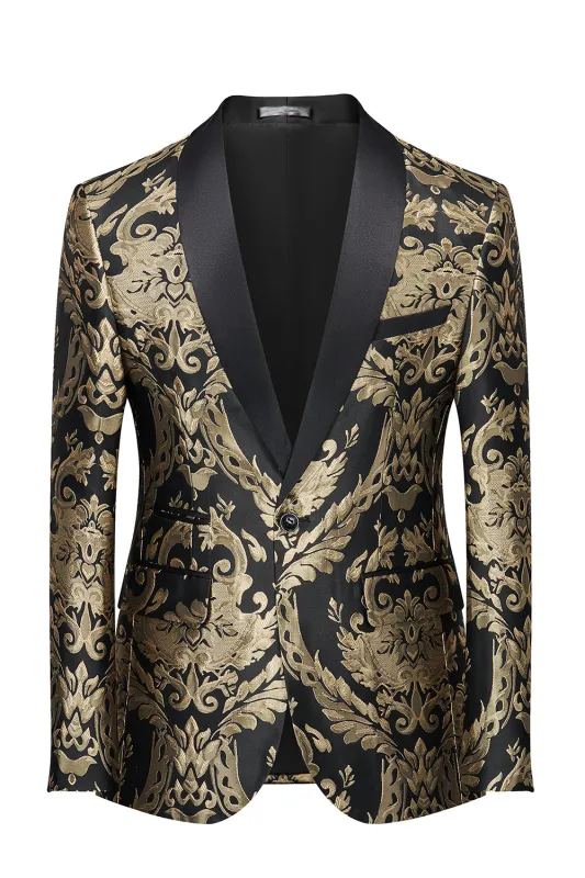 Men's Black Golden Shawl Lapel One Button Jacquard Prom Blazer sold by Wedtrend
