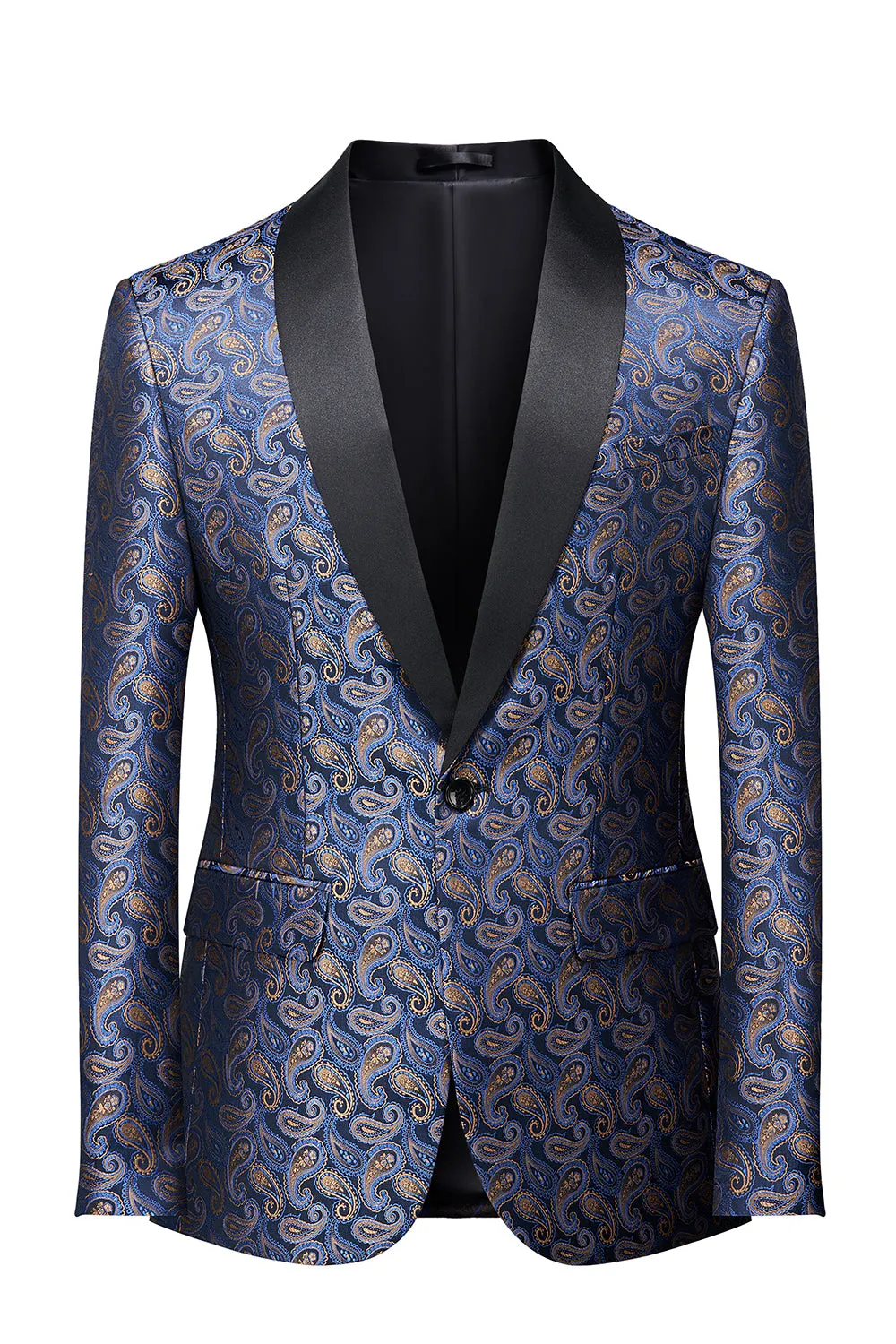 Men's Navy Shawl Lapel One Button Jacquard Prom Blazer sold by Wedtrend