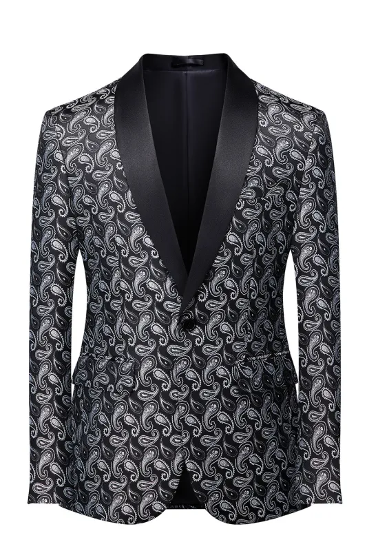 Men's Black Shawl Lapel One Button Jacquard Prom Blazer sold by Wedtrend