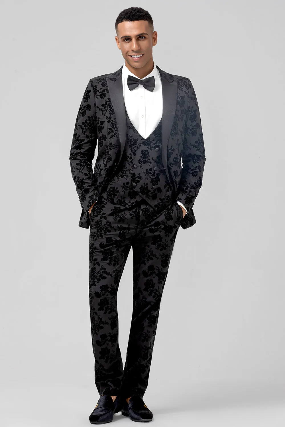 Men's Black Peak Lapel Jacquard One Button 3 Piece Wedding Suits sold by Wedtrend