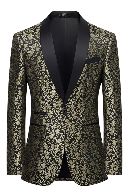 Men's Golden Shawl Lapel One Button Jacquard Prom Blazer sold by Wedtrend
