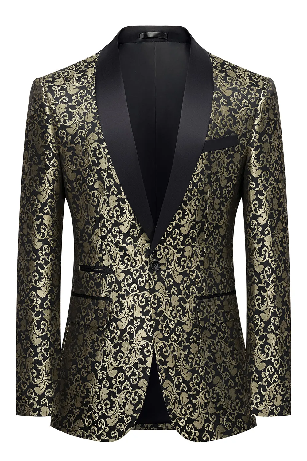 Men's Golden Shawl Lapel One Button Jacquard Prom Blazer sold by Wedtrend