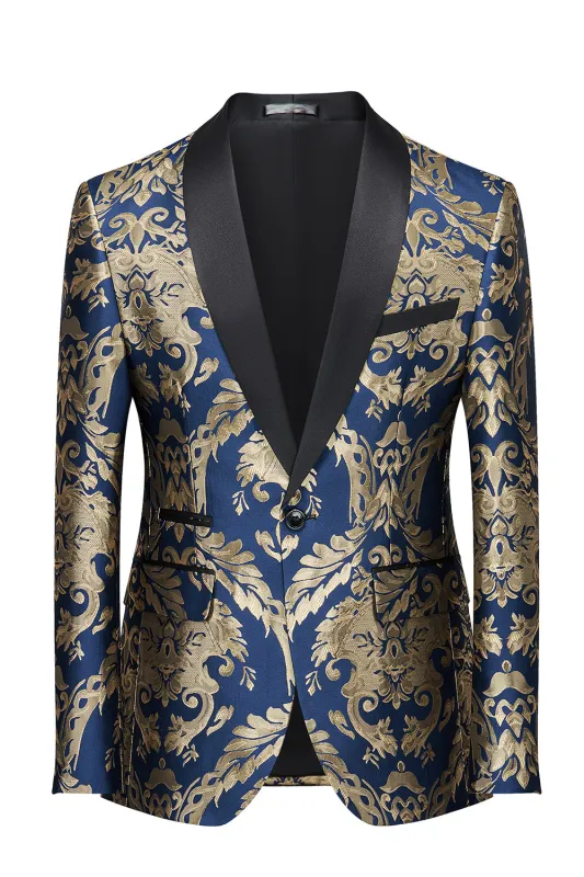 Men's Royal Blue Shawl Lapel One Button Jacquard Prom Blazer sold by Wedtrend
