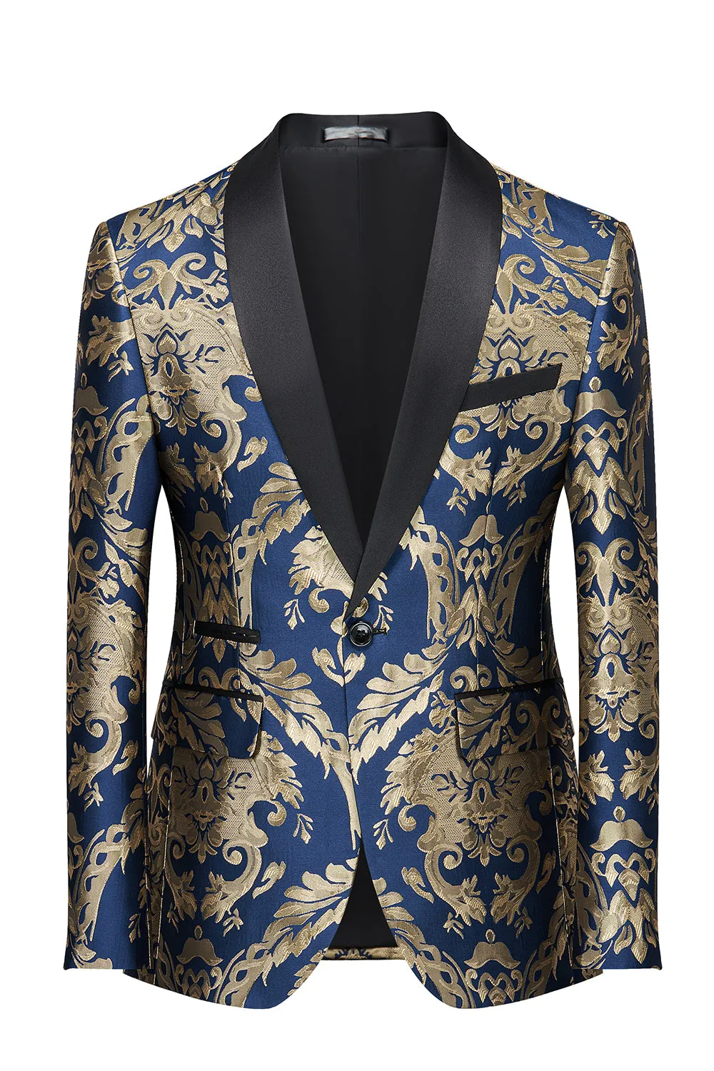 Men's Royal Blue Shawl Lapel One Button Jacquard Prom Blazer sold by Wedtrend