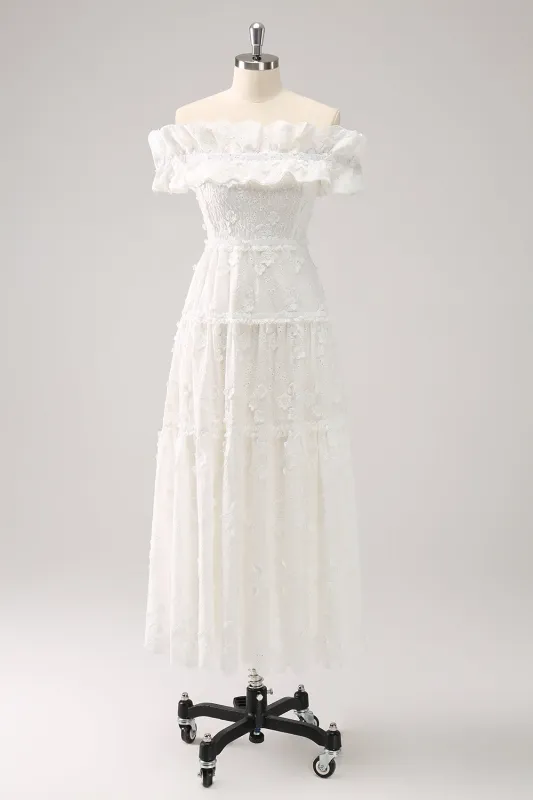 Cute White A Line White Off The Shoulder Tea Length Dress with Ruffles made by Wedtrend