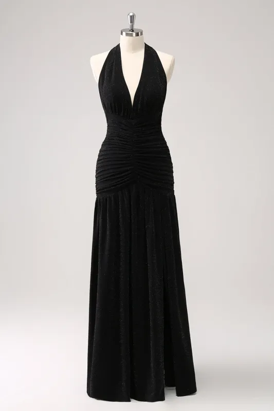 Black Mermaid Halter Pleated Backless Long Bridesmaid Dress with Slit made by Wedtrend
