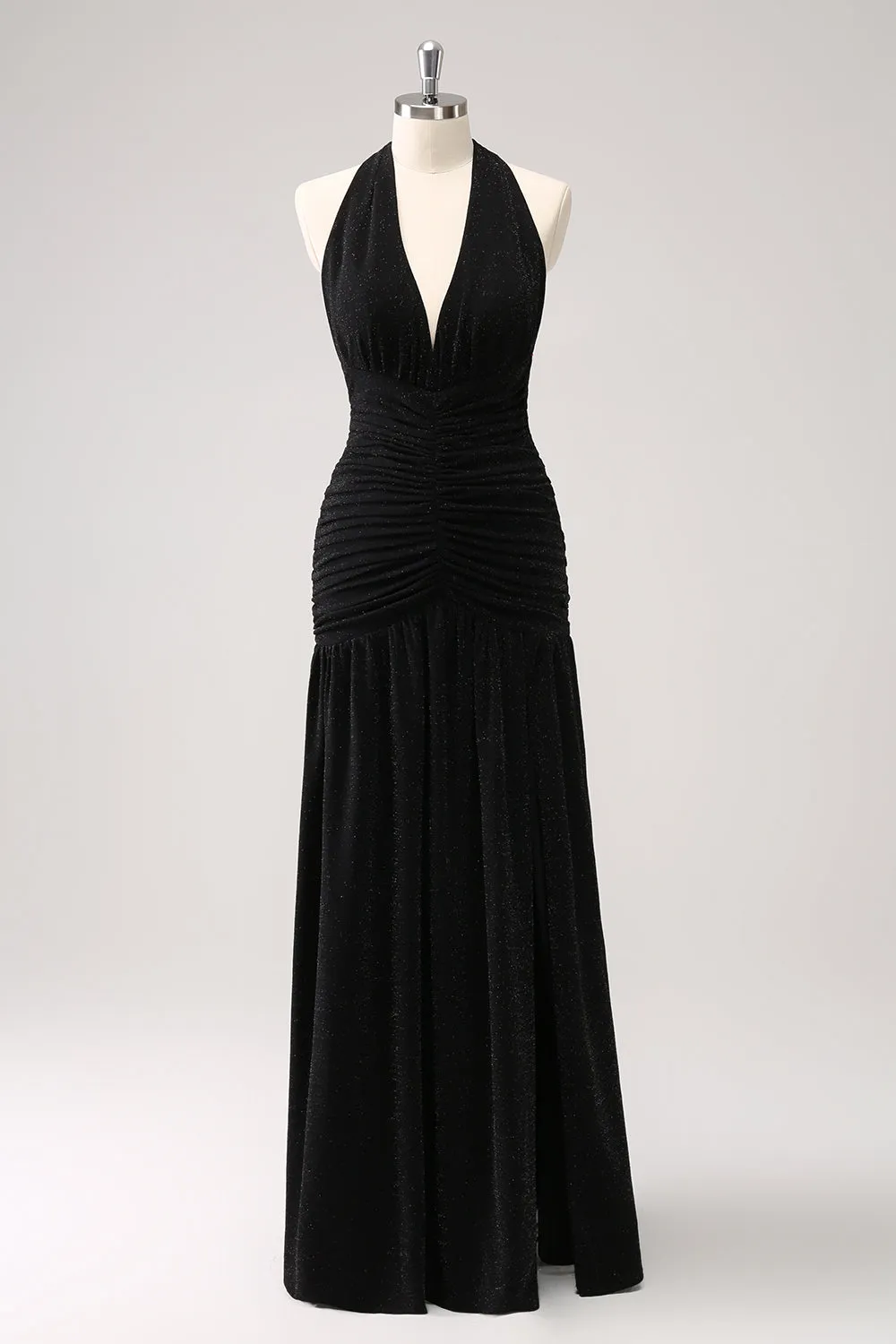 Black Mermaid Halter Pleated Backless Long Bridesmaid Dress with Slit sold by Wedtrend