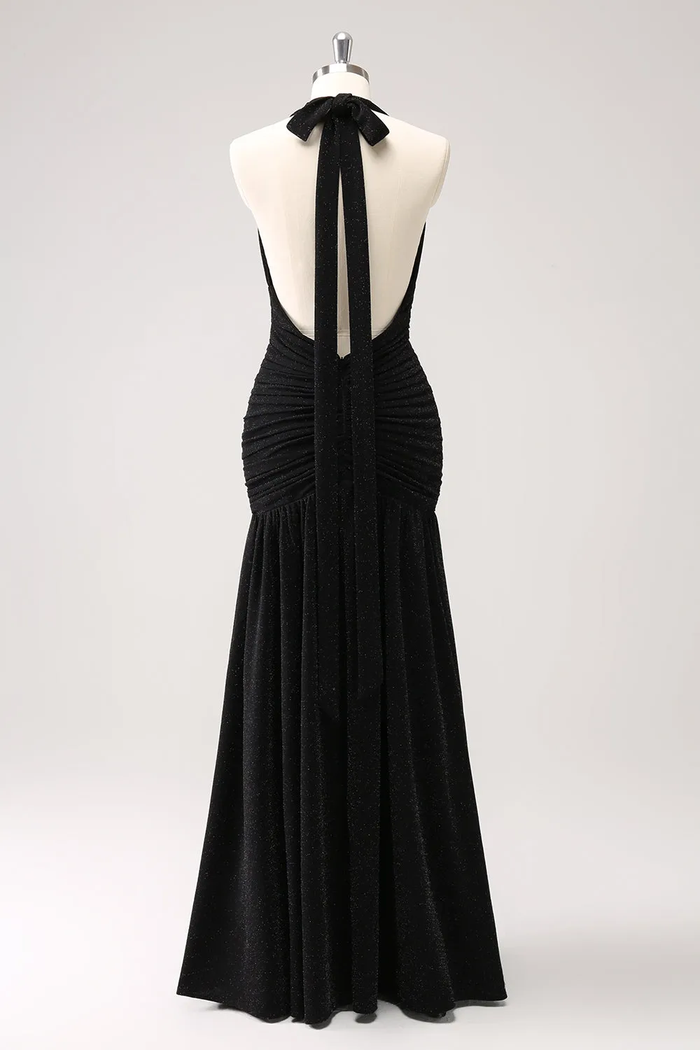 Black Mermaid Halter Pleated Backless Long Bridesmaid Dress with Slit sold by Wedtrend product image thumbnail 2