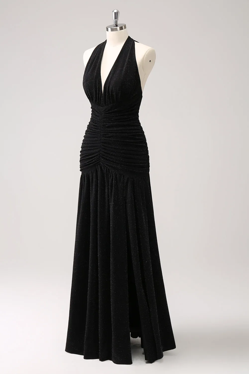 Black Mermaid Halter Pleated Backless Long Bridesmaid Dress with Slit sold by Wedtrend product image thumbnail 3