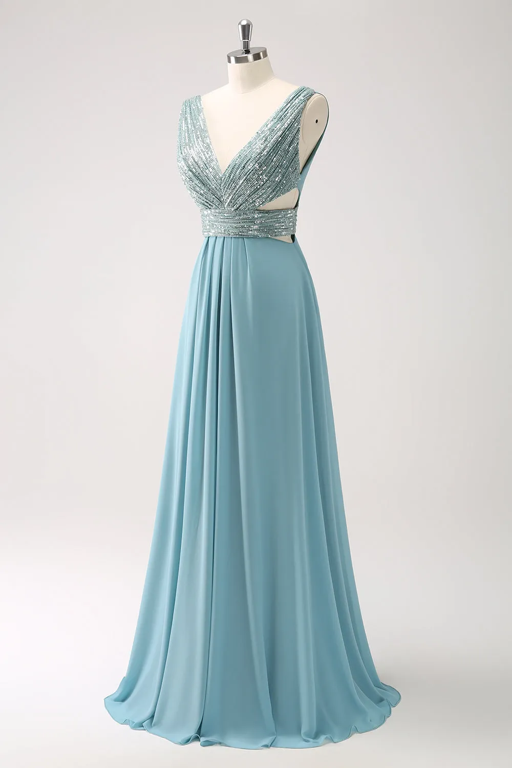 Grey Green A-Line V Neck Sequins Chiffon Long Cut Out Bridesmaid Dress sold by Wedtrend product image thumbnail 3