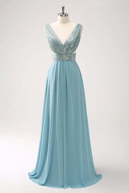 Grey Green A-Line V Neck Sequins Chiffon Long Cut Out Bridesmaid Dress sold by Wedtrend