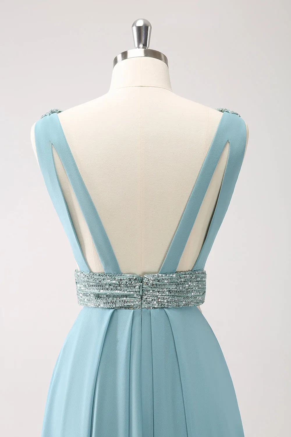 Grey Green A-Line V Neck Sequins Chiffon Long Cut Out Bridesmaid Dress sold by Wedtrend product image thumbnail 5