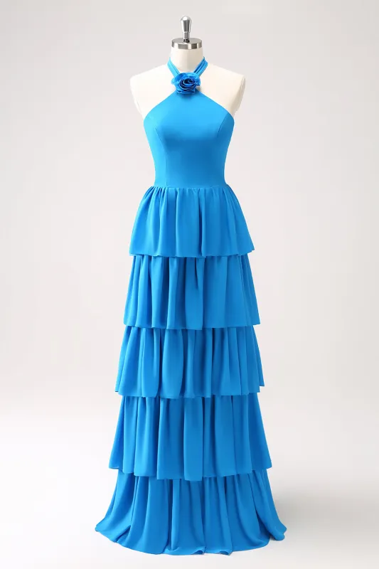 Blue A Line Halter Tiered Chiffon Long Bridesmaid Dress with Flower sold by Wedtrend