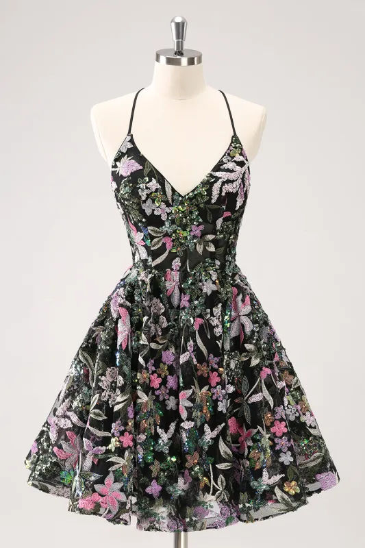 Sparkly Black A Line Floral Short Homecoming Dress with Sequins sold by Wedtrend