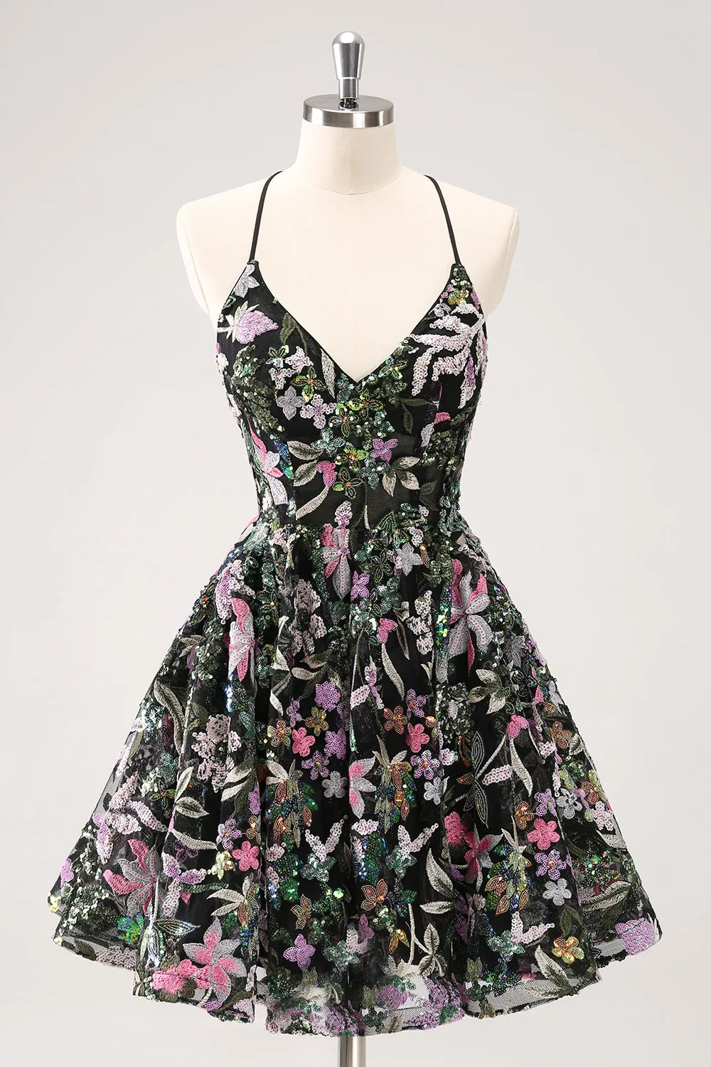 Sparkly Black A Line Floral Short Homecoming Dress with Sequins sold by Wedtrend