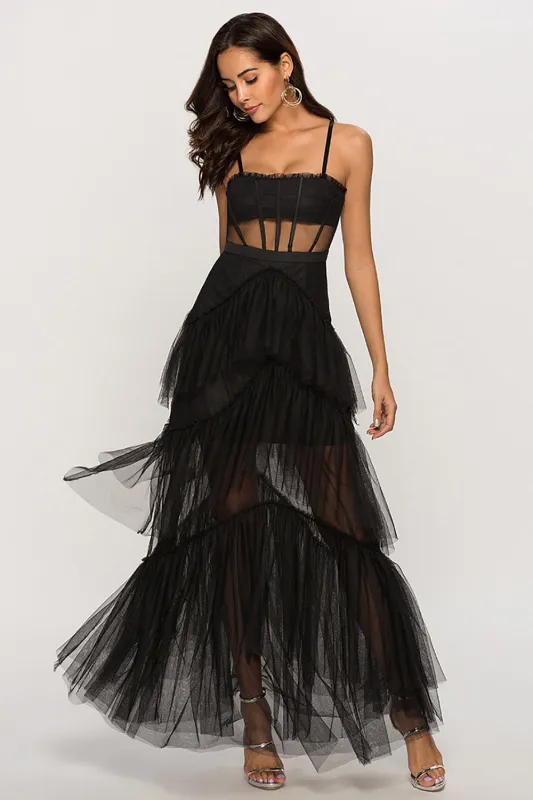 Black Corset Asymmetrical Tulle Long Wedding Guest Dress made by Wedtrend