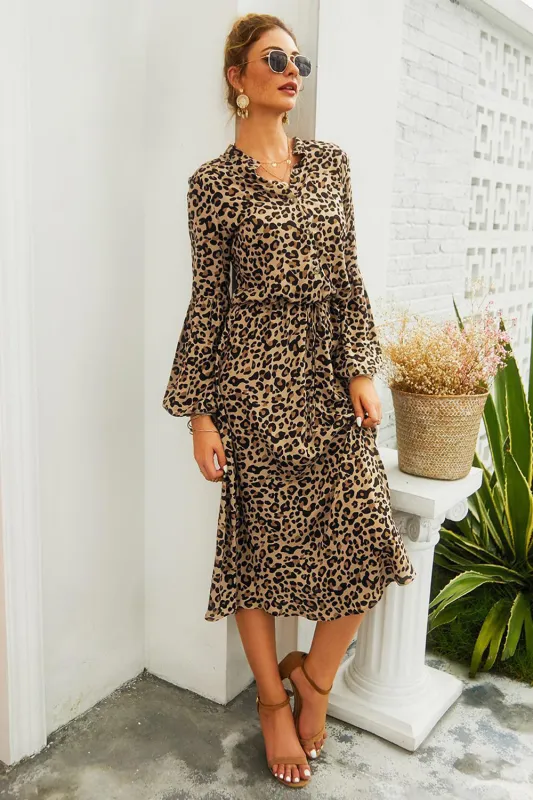 Brown Leopard Printed Casual Dress with Long Sleeves made by Wedtrend